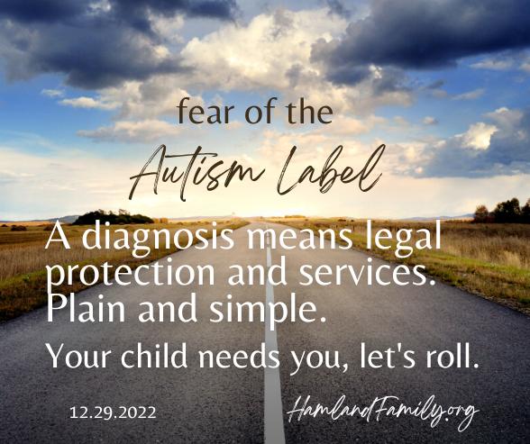 Fear of the autism label. A diagnosis means legal protection and services. Plain and simple. Your child needs you, let's roll.